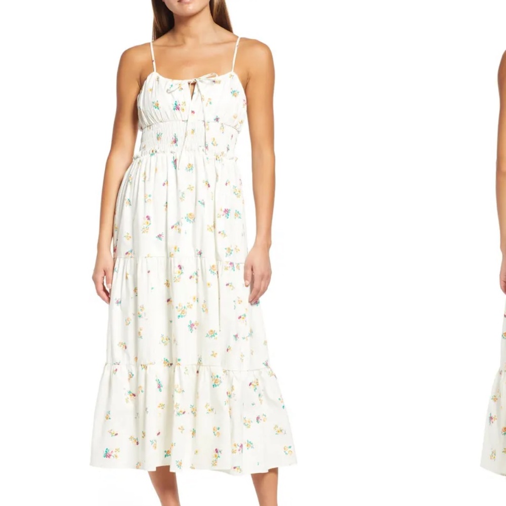 Wayf Ivory Smocked Floral Midi dress size S